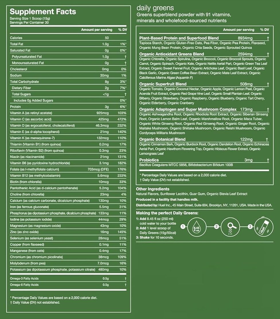 Huel Greens Ingredients Label